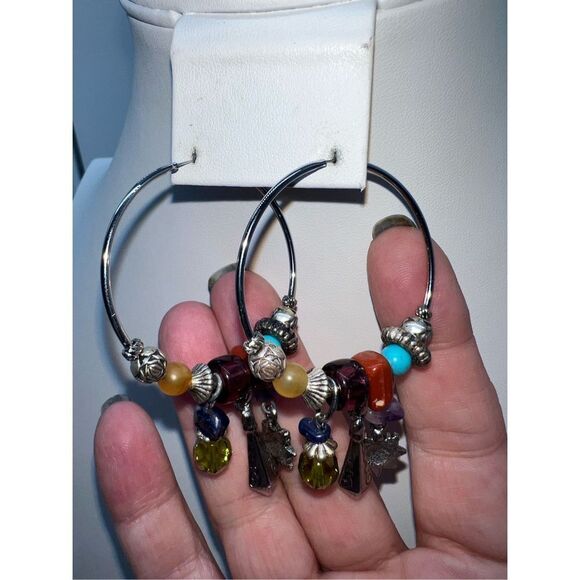 Boho Silver Tone Charm and Stone Dangle Charm Hoop Earrings - Picture 4 of 8